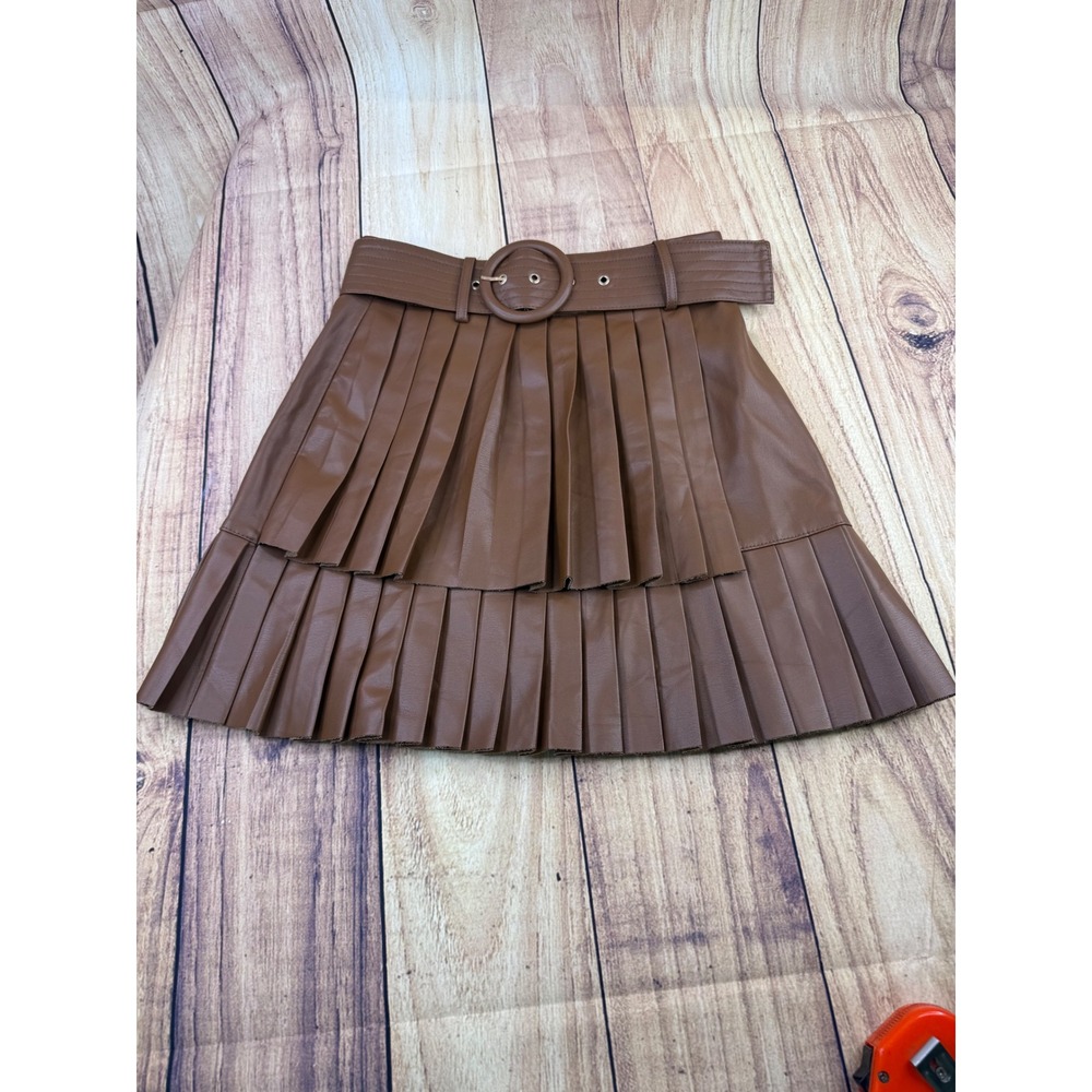Zara Brown Faux Leather Pleated Mini Skirt with Belt Size XS Tiered Skater Skirt
